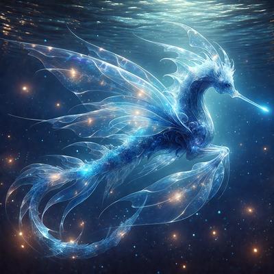 The primary subject of the image is a blue and white mermaid, which is the main focus of the scene. The mermaid is surrounded by a blue and white ocean, creating a serene and calming atmosphere. The visual style of the image is digital art, as it is a well-crafted and detailed illustration. The colors and mood of the image are predominantly blue and white, giving it a peaceful and enchanting appearance.